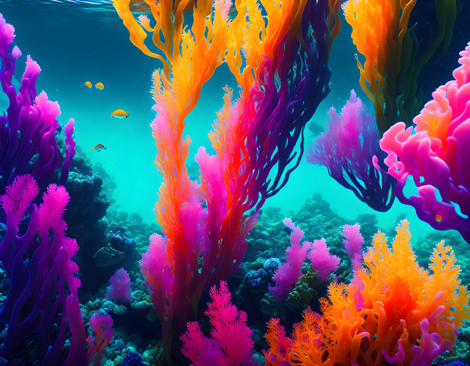 Colorful Coral Reefs in Purple, Pink, and Orange with Small Fish