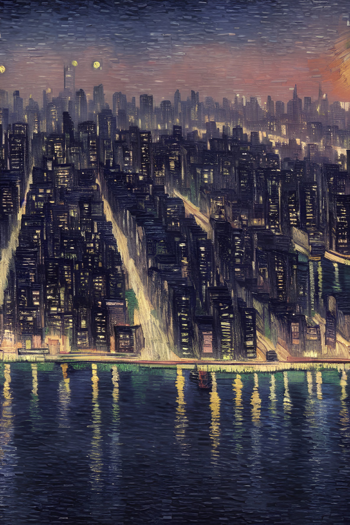 Cityscape with Inverted Skyscrapers Reflecting in Water at Twilight