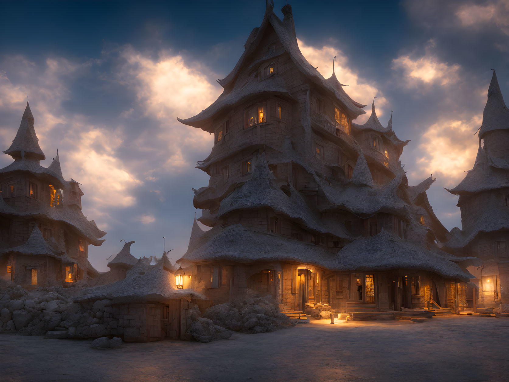 Whimsical snow-covered fantasy village at twilight