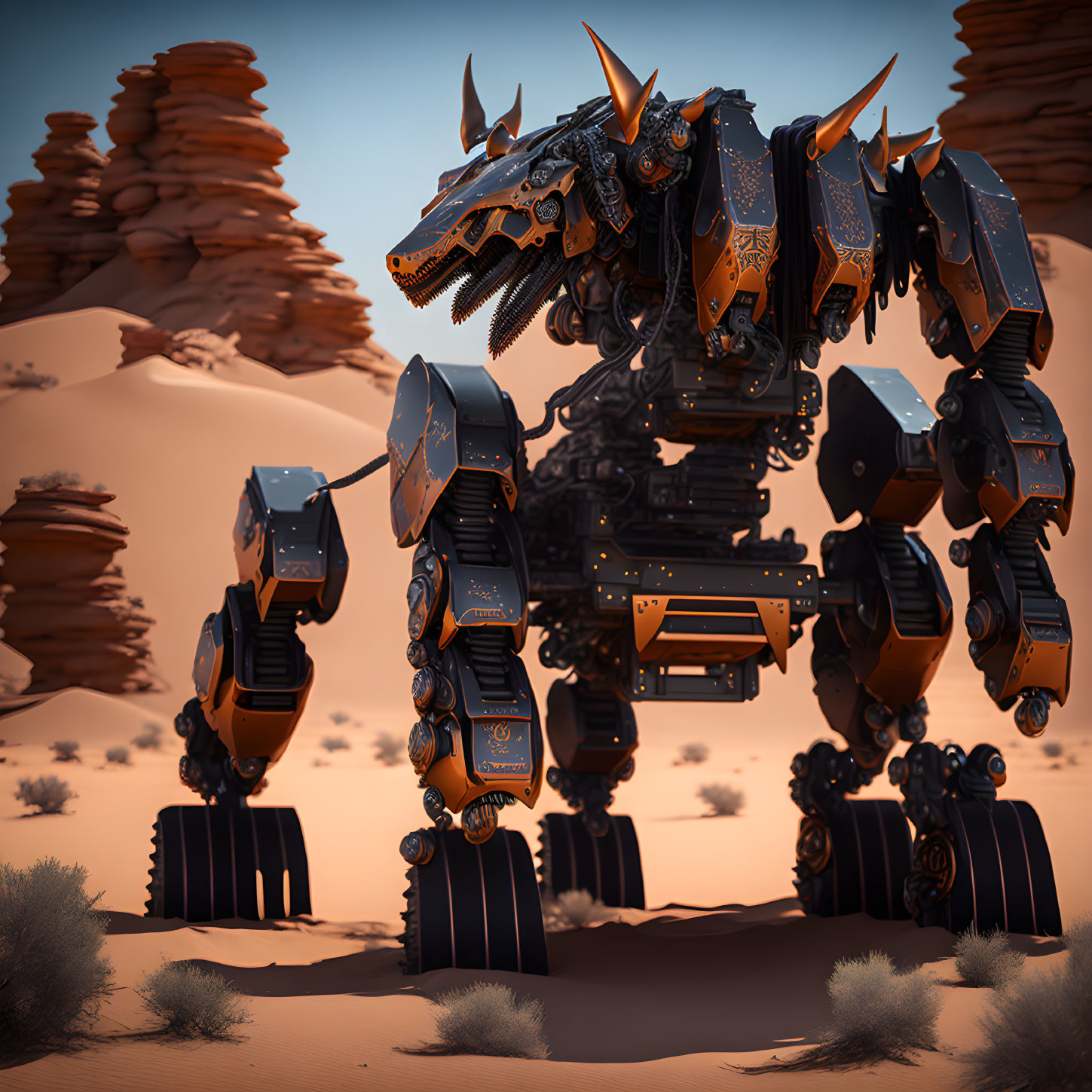 Robotic quadruped with dragon-like head in desert setting