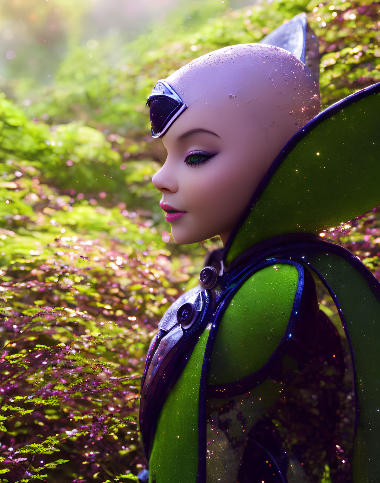 Futuristic female figure in shiny bodysuit with pointed ears against sparkling foliage