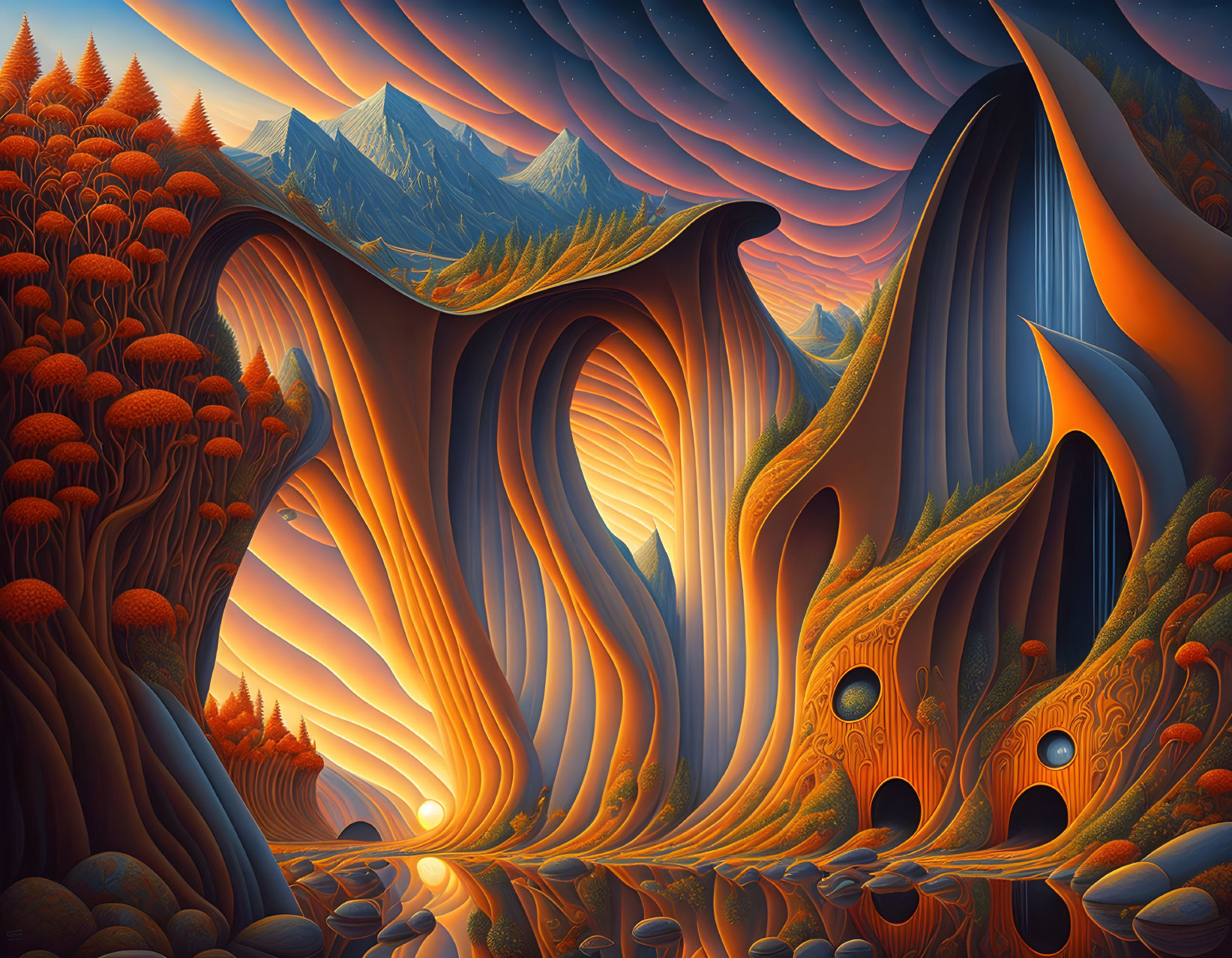 Vibrant surreal landscape with autumn trees and mountain peaks