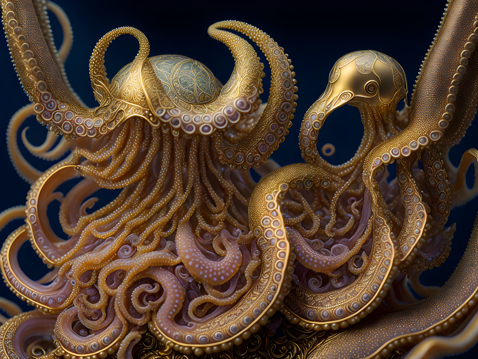 Ornate golden octopuses in digital artwork on dark blue background