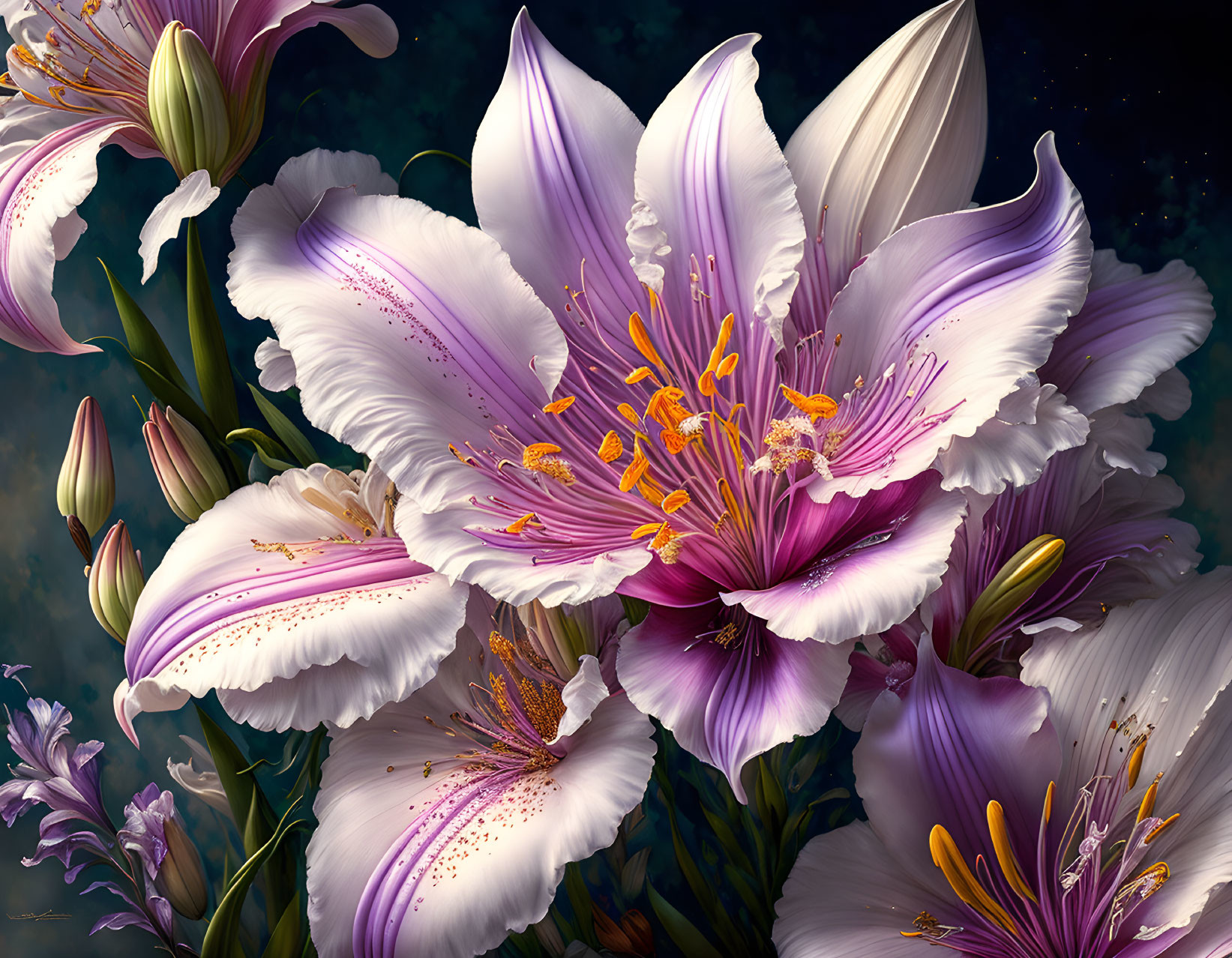 Detailed White and Purple Lilies in Digital Artwork