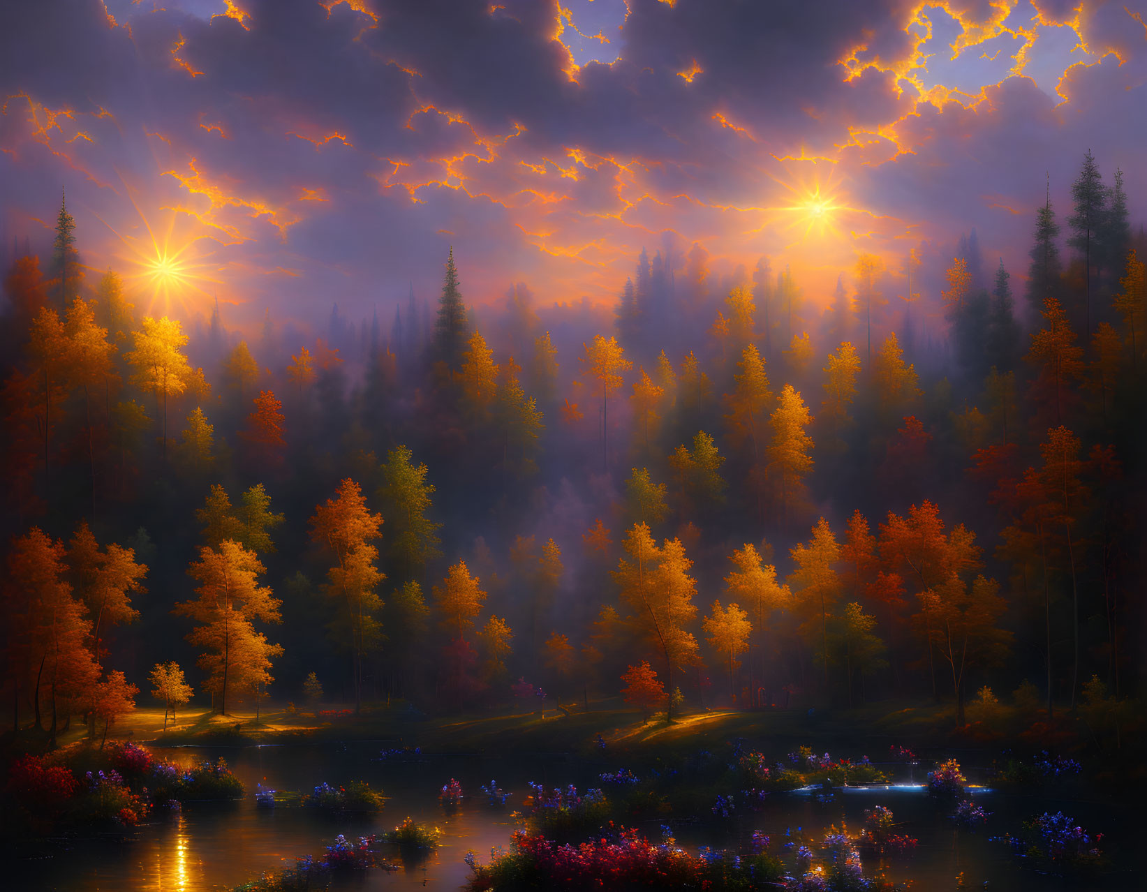 Tranquil Autumn Forest Scene with River, Mist, and Sunburst