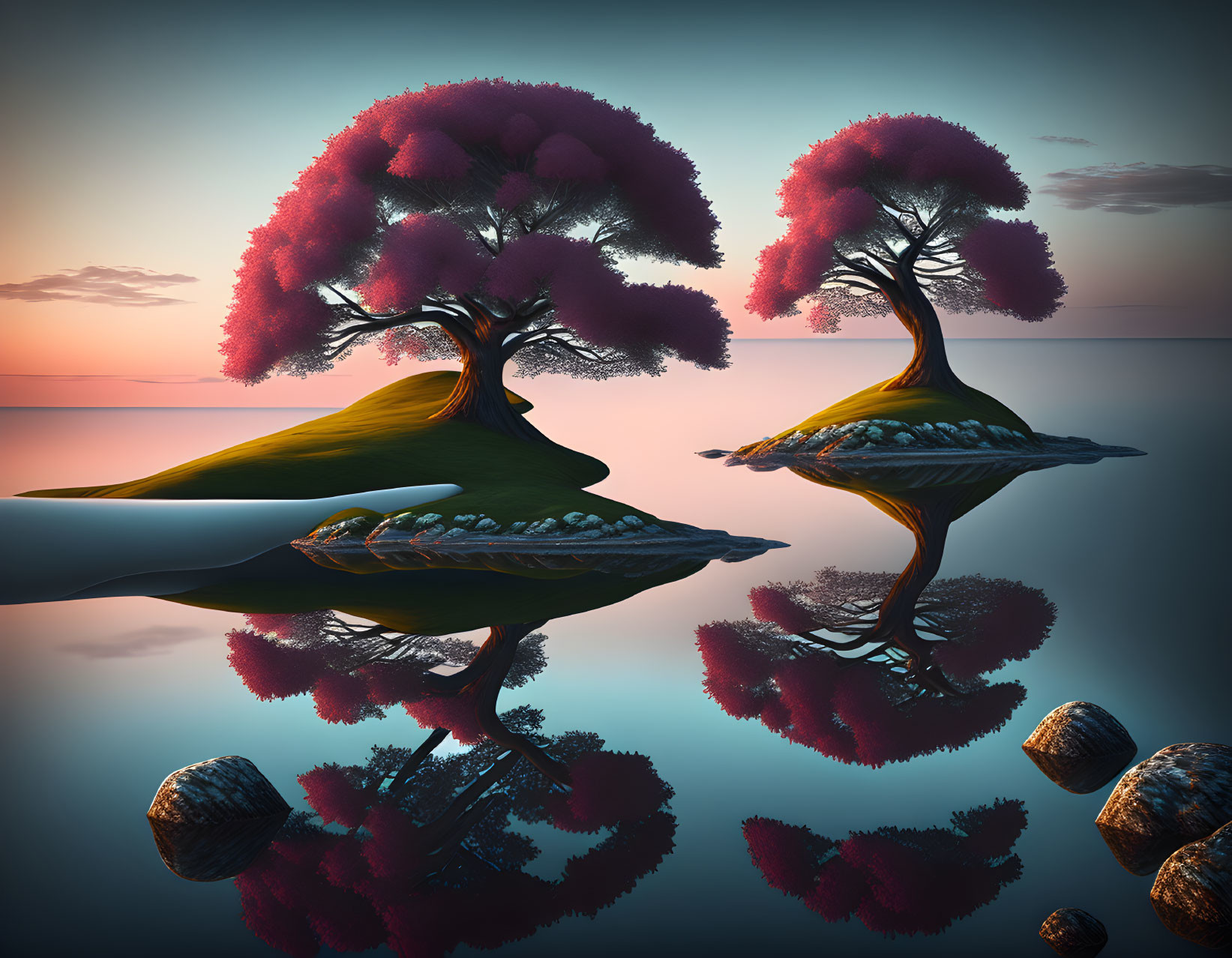 Surreal pink canopy trees on mirrored water under gradient sunset sky