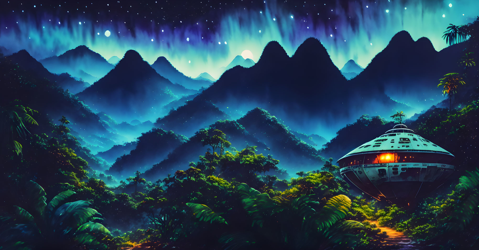 Night Scene: Aurora Lights & Spaceship in Jungle Foliage