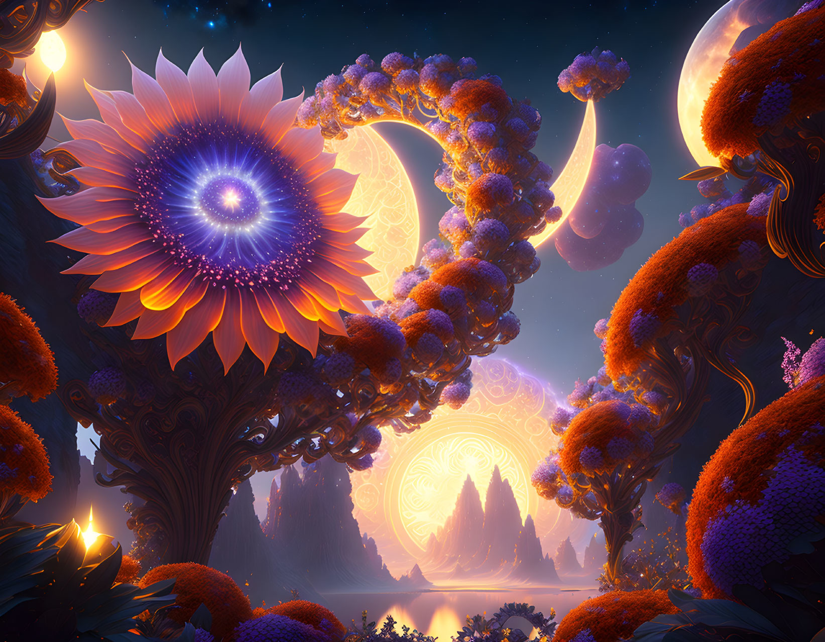 Surreal landscape with sunflower-like formation and spiral trees