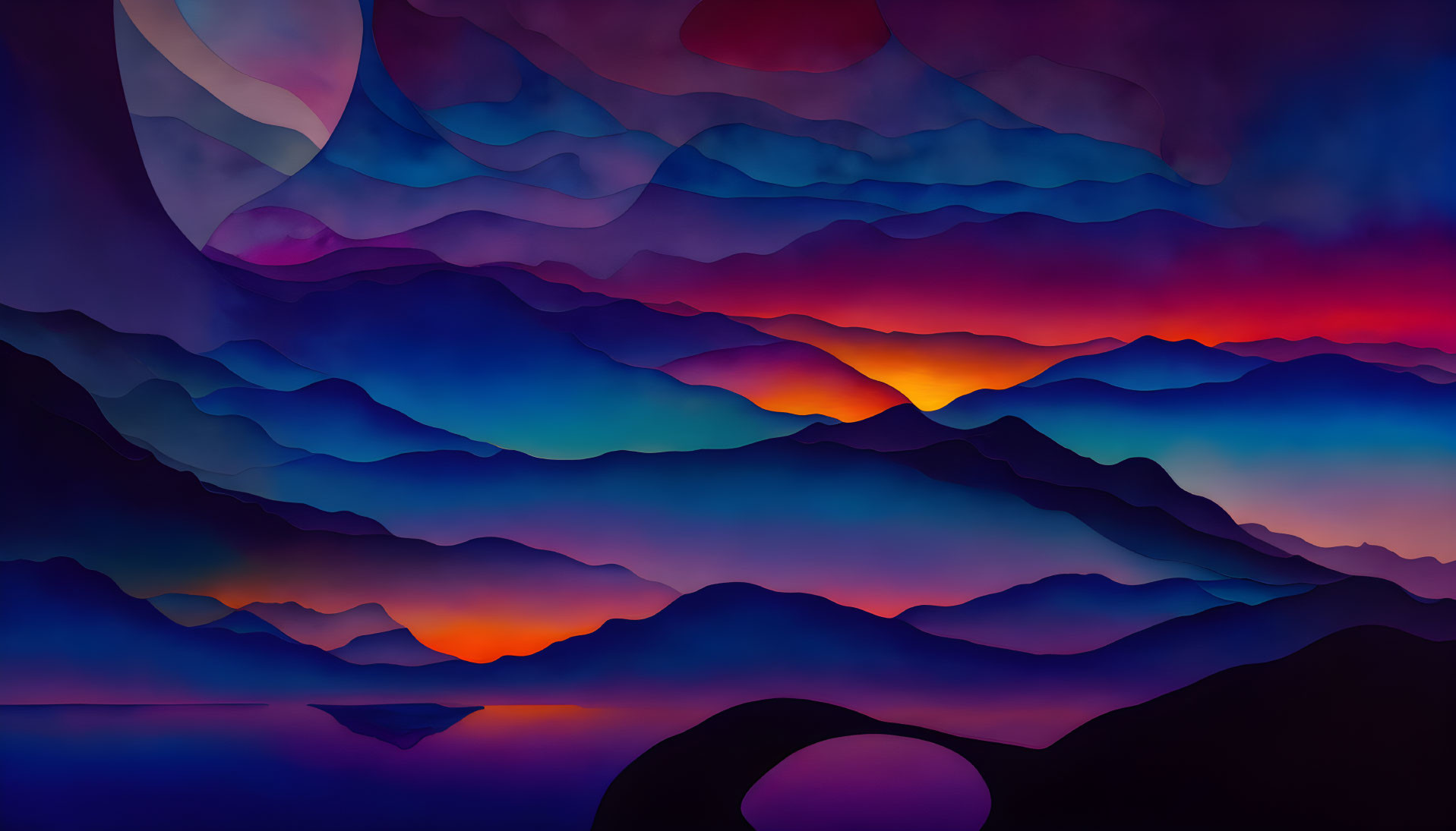 Layered Blue and Purple Mountain Silhouettes with Orange and Red Sky