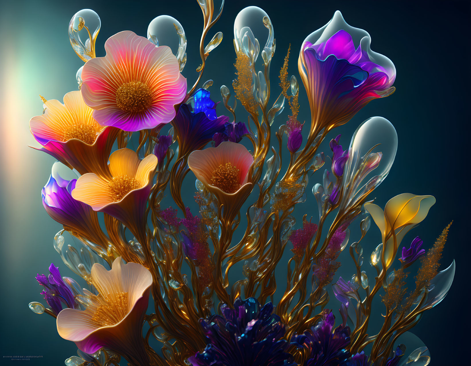 Colorful digital artwork: stylized iridescent flowers on dark background