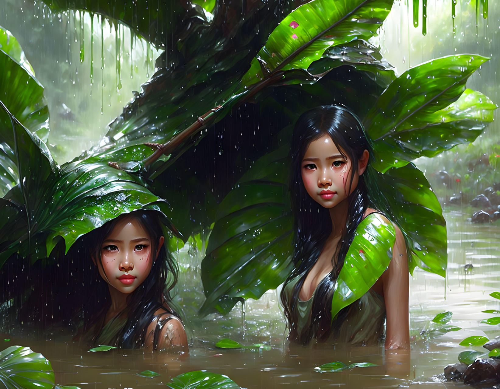 Two girls under wet green leaves in rainforest setting