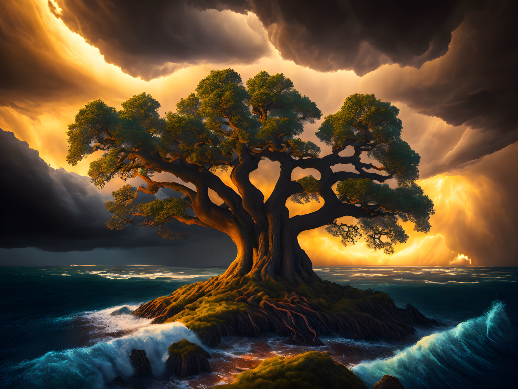 Majestic tree on islet with dramatic sky and ocean waves