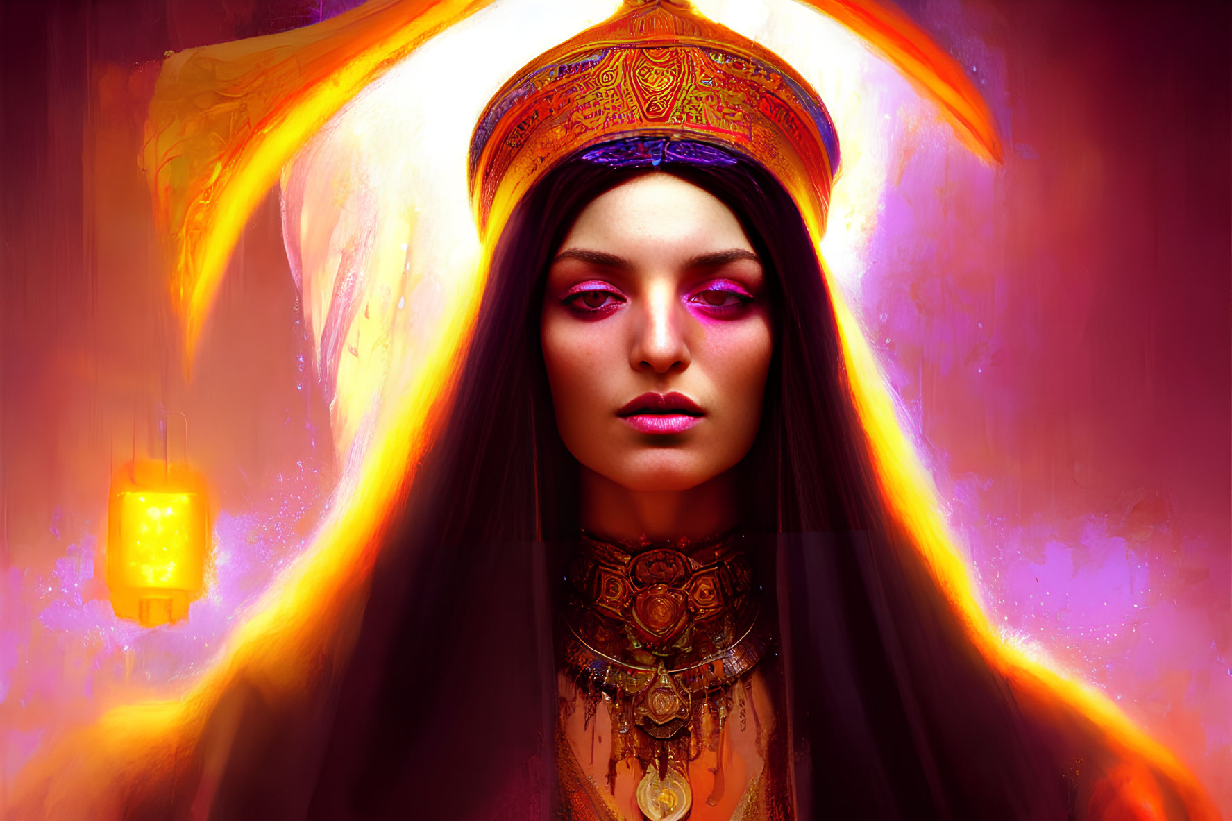 Dark-haired woman with glowing headdress and golden jewelry on amber background.