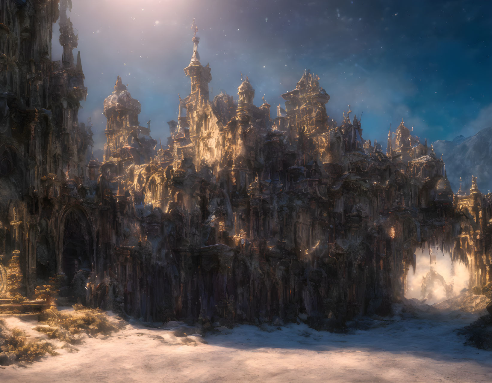 Ethereal fantasy castle with starlit towers and snowy cliffs