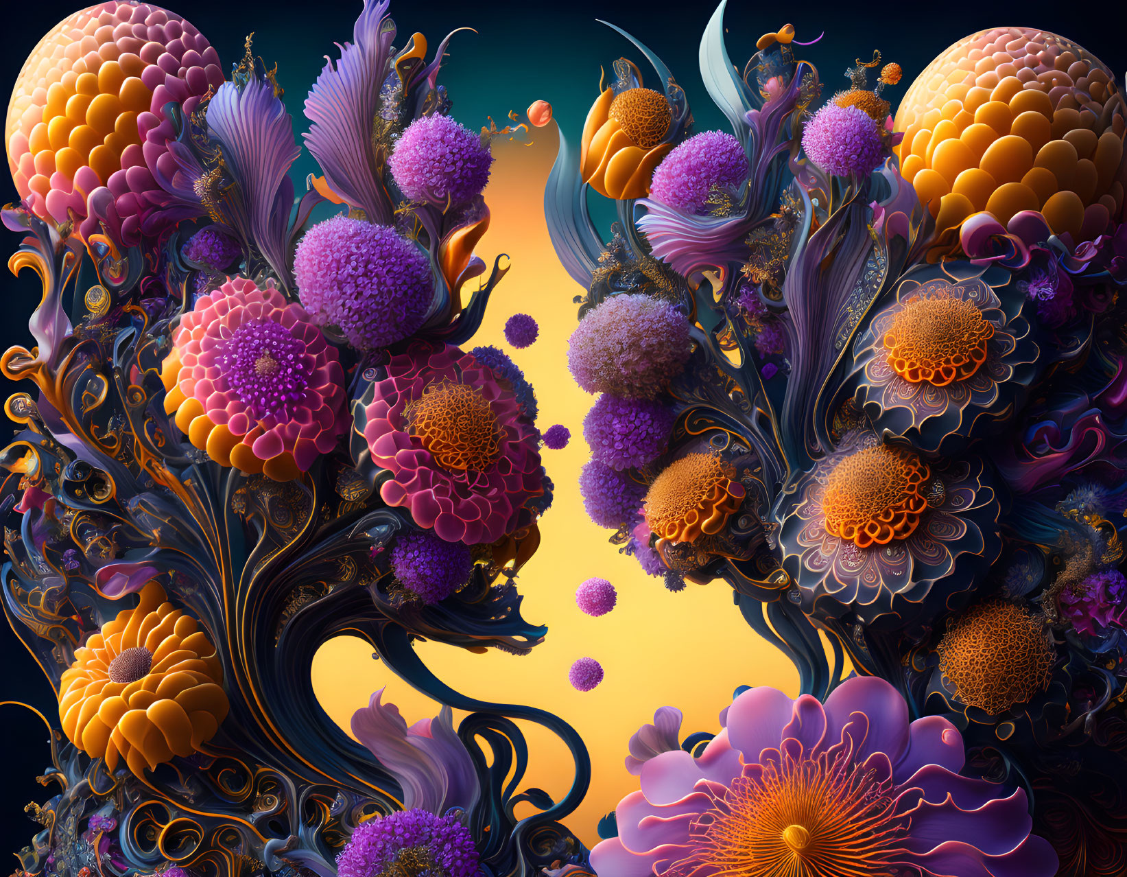 Colorful Abstract Floral Garden in Rich Purples, Oranges, and Blues