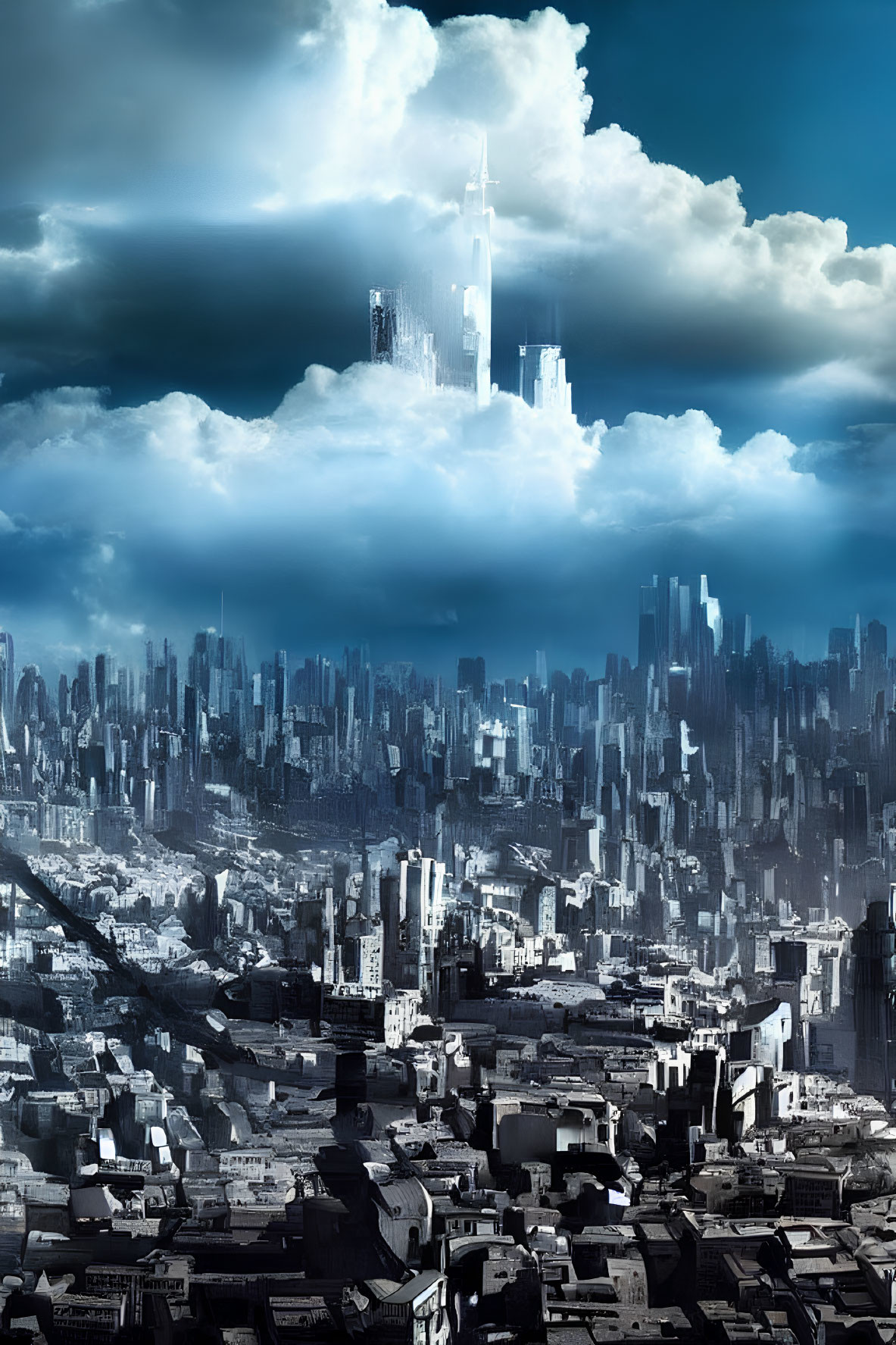 Futuristic cityscape with towering skyscrapers and urban structures