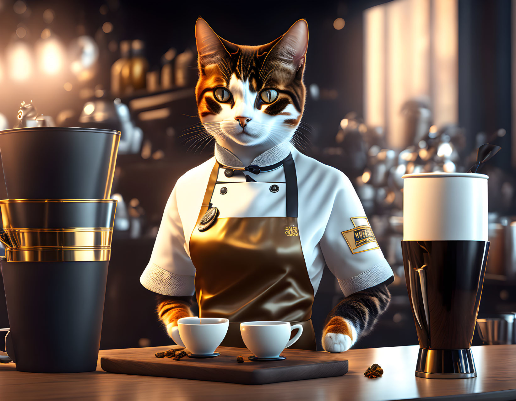 Anthropomorphic Cat Barista Serving Coffee in Cafe