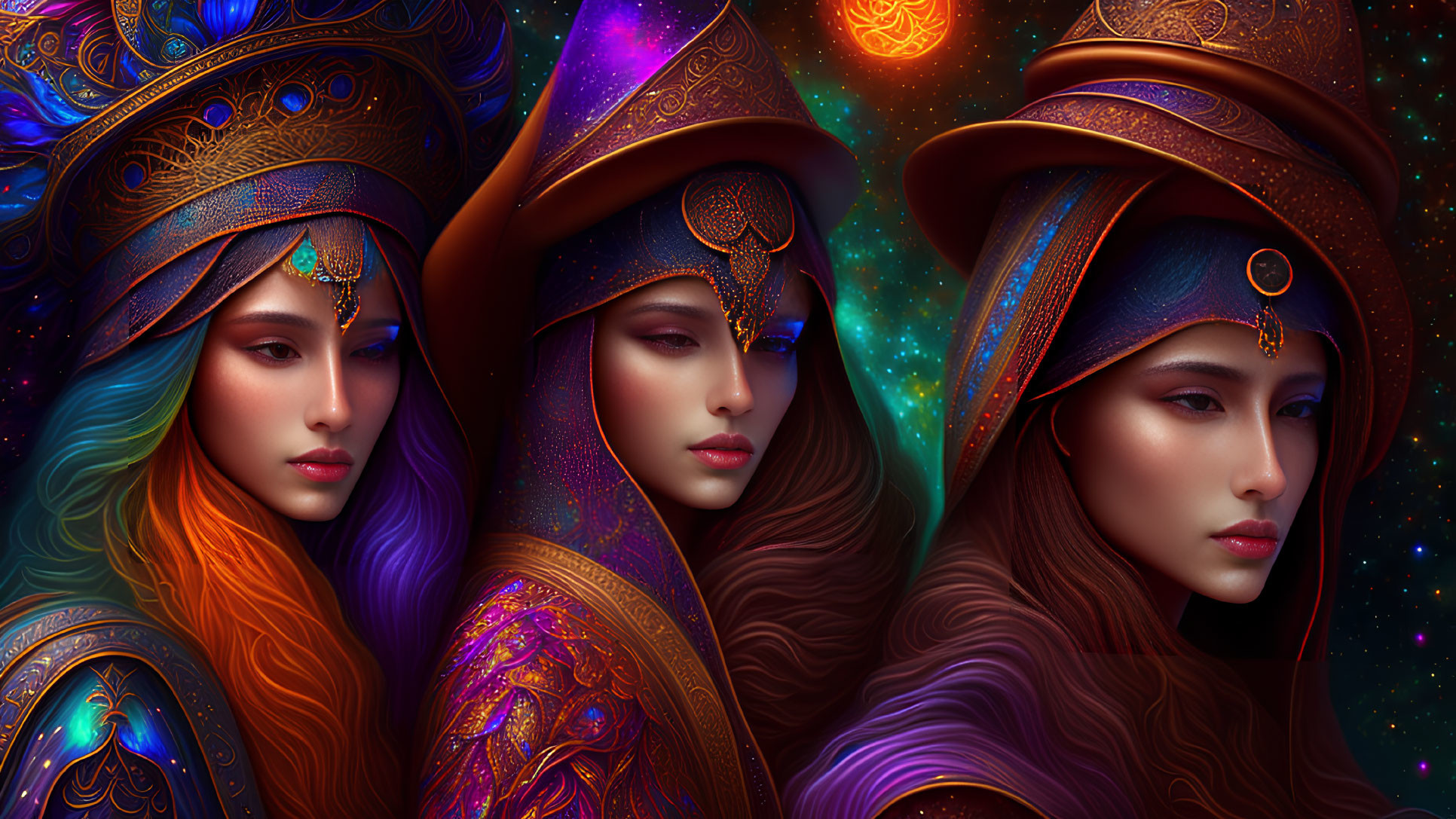 Three Women with Ornate Headdresses in Cosmic Setting: Vibrant Colors & Intricate Patterns