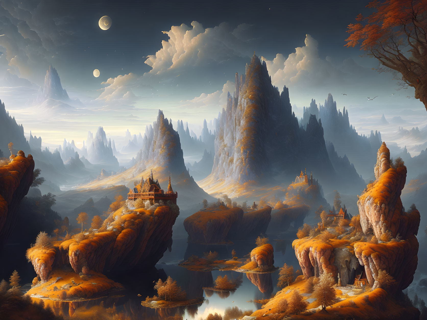 Majestic fantasy landscape with mountains, floating castles, and multiple moons