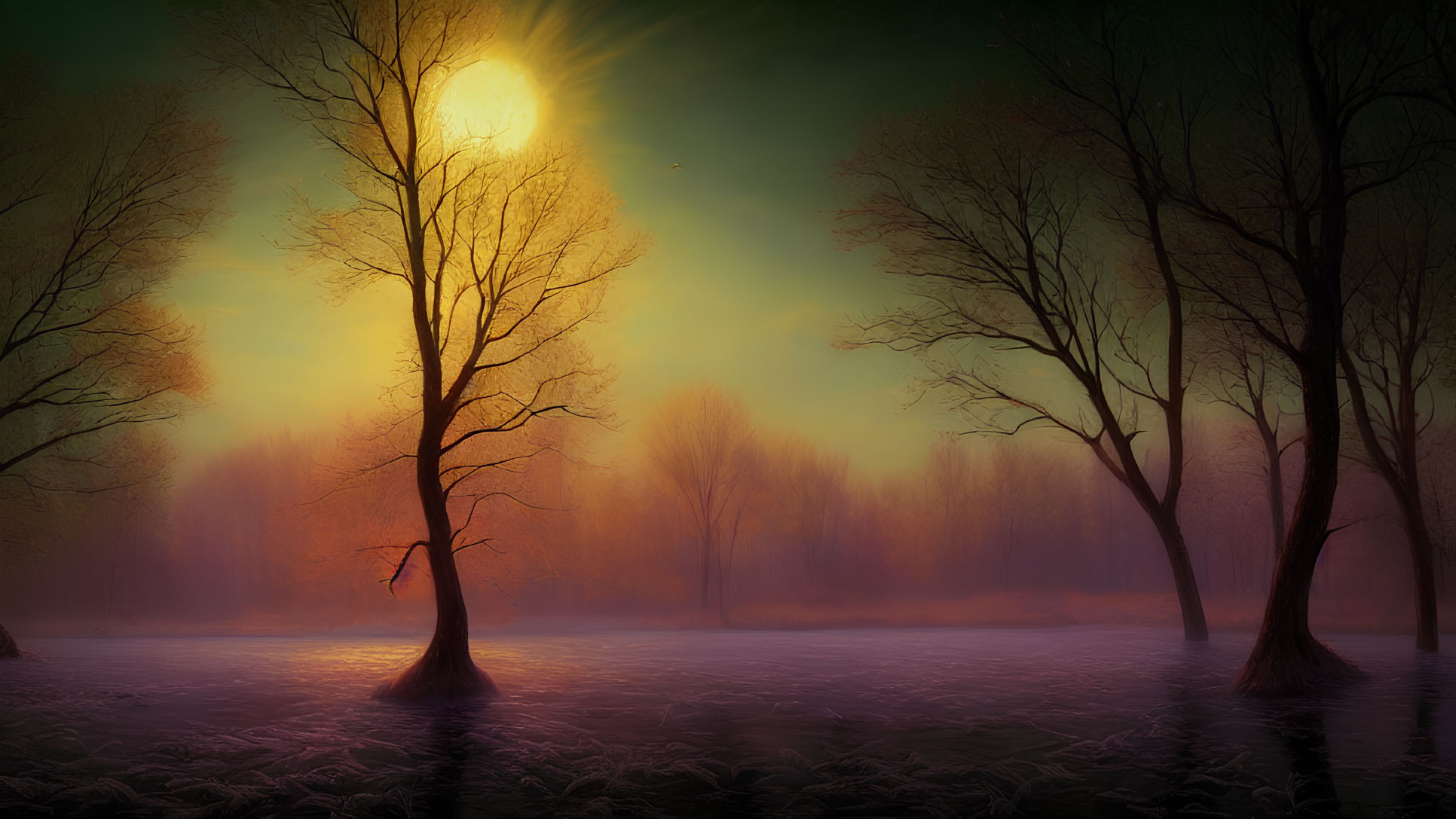 Ethereal forest scene at dusk or dawn with mist and glowing sun