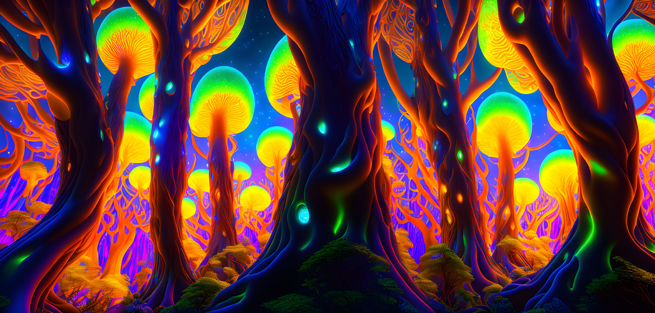 Fantastical forest with glowing bioluminescent trees and fungi