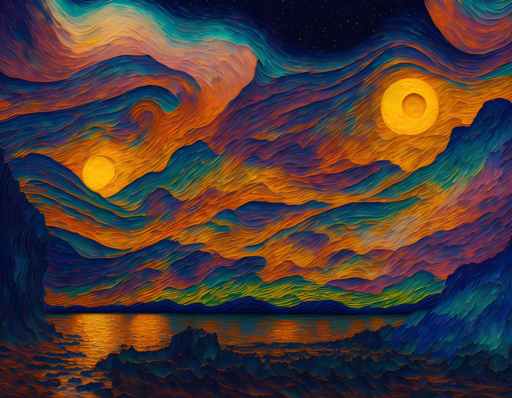 Impressionistic digital art: swirling skies, bright stars, reflective water