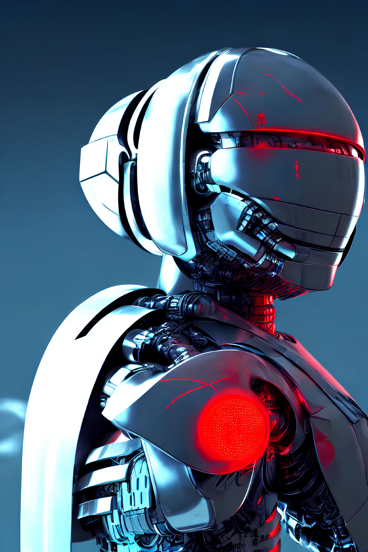 Reflective white and black futuristic robotic figure with red glowing elements on blue background