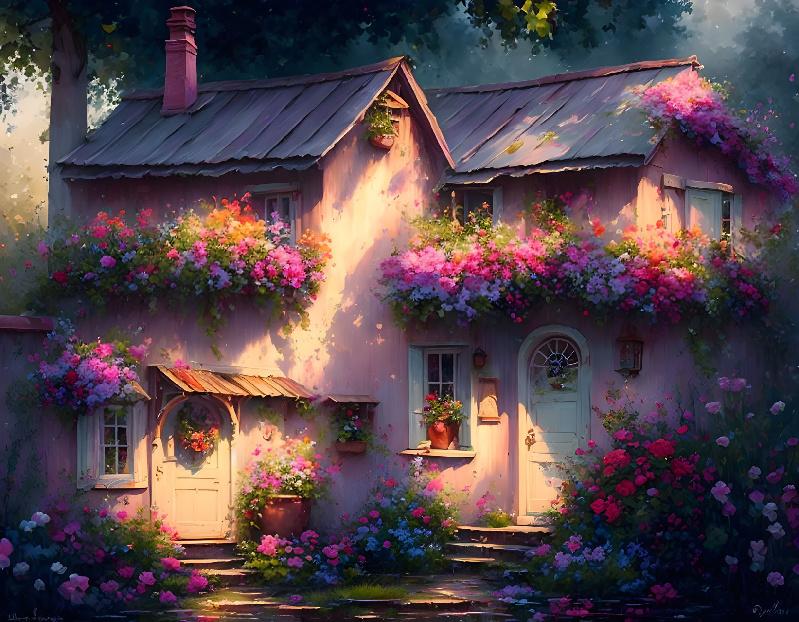 Charming cottage surrounded by pink and purple flowers in soft light