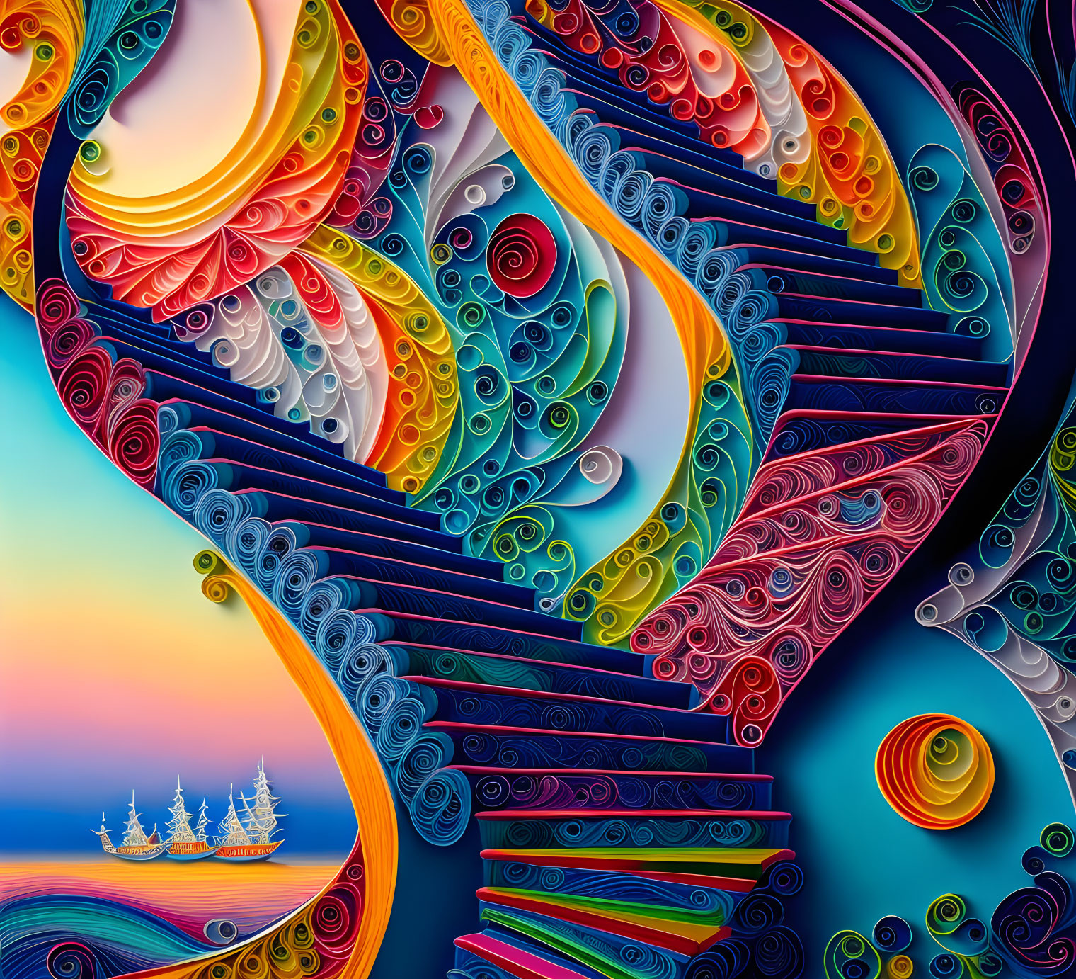 Colorful Quilling Art: Abstract Swirling Patterns of Sailing Ships