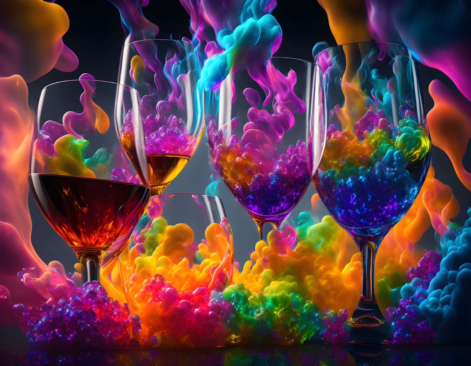 Vibrant wine glasses with colorful liquid, flames, and smoke on dark background