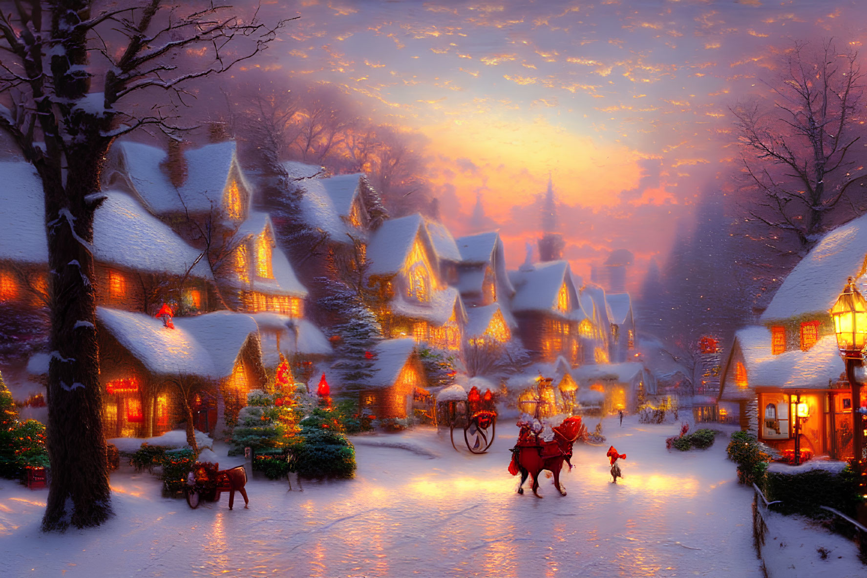 Snow-covered cottages and horse-drawn sleigh in winter sunset scene