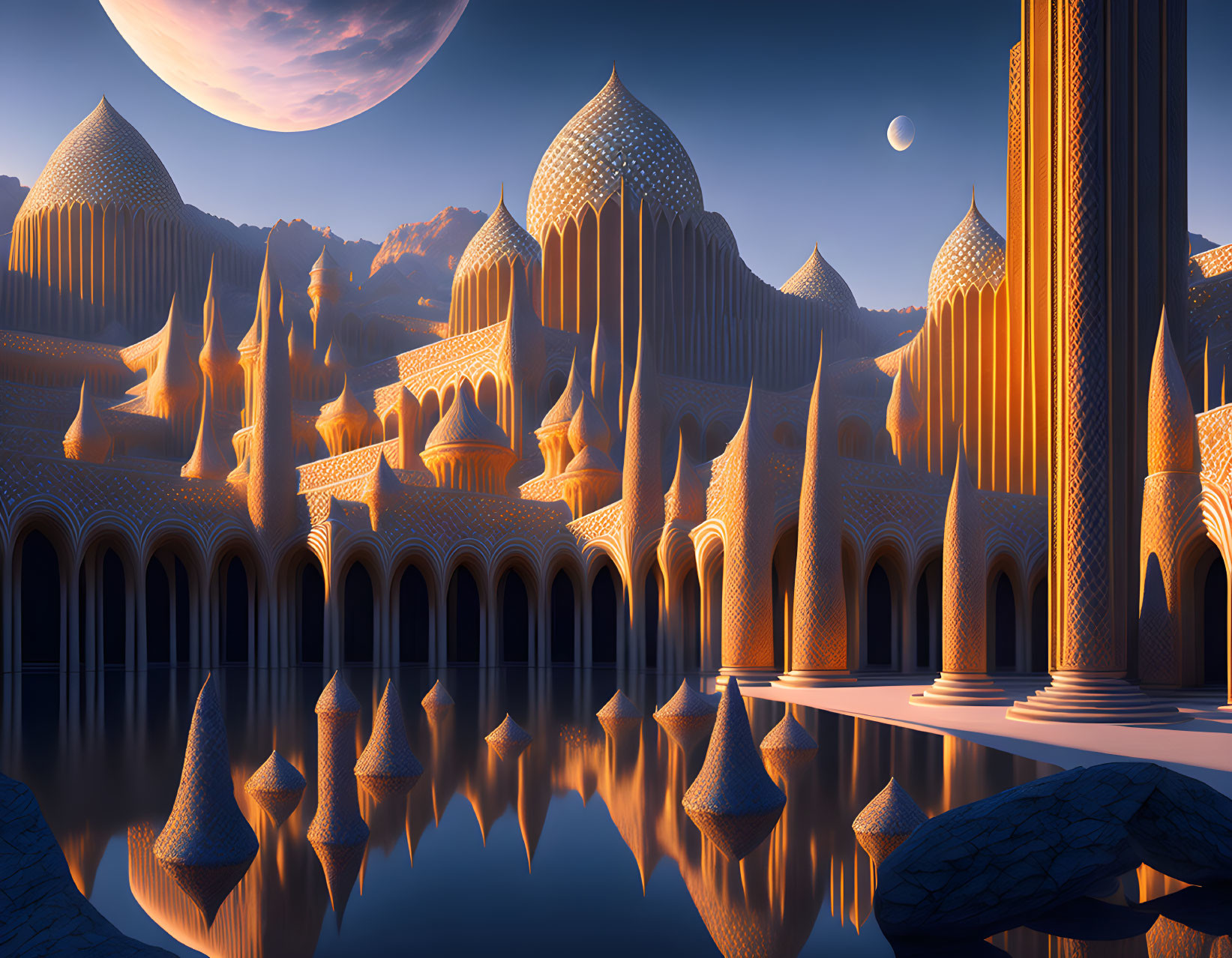 Fantastical cityscape with towering spires reflected in twilight sky.