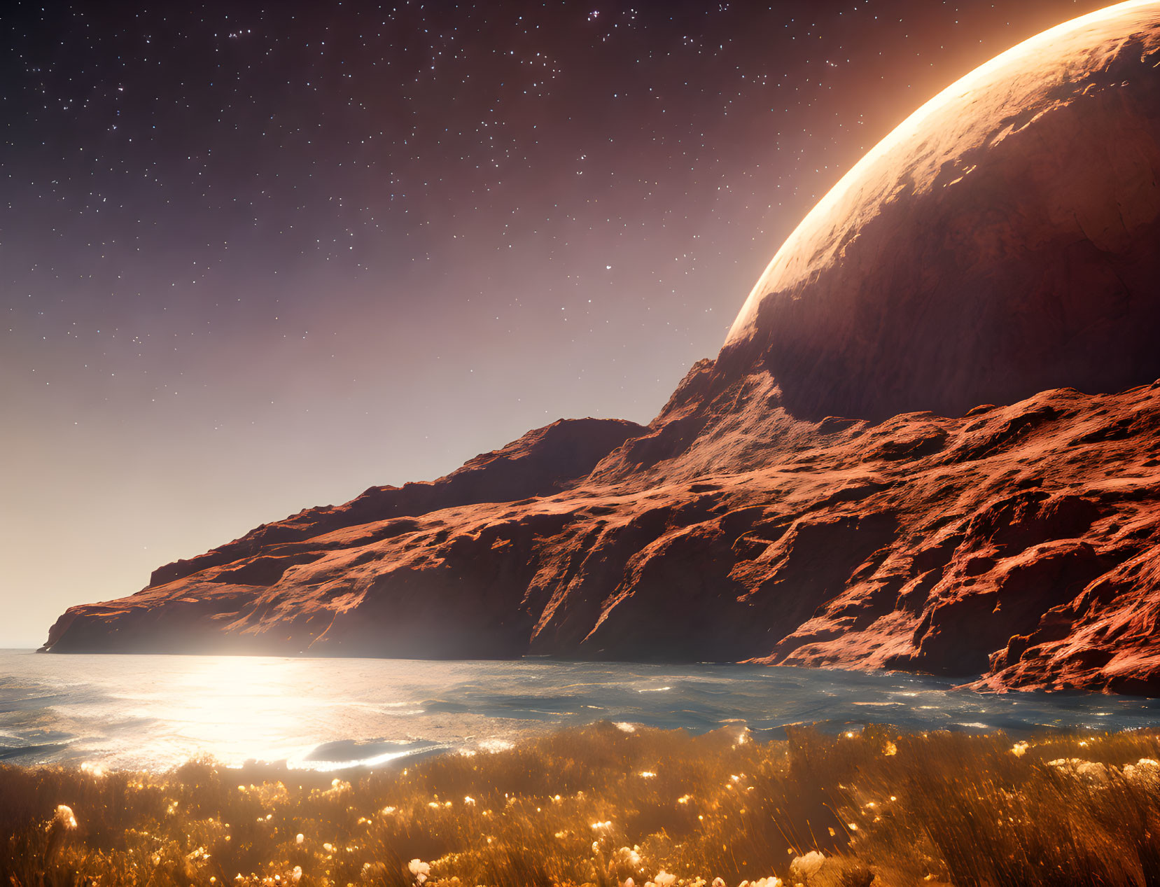 Extraterrestrial landscape with red planet, rocky shoreline, glowing plants