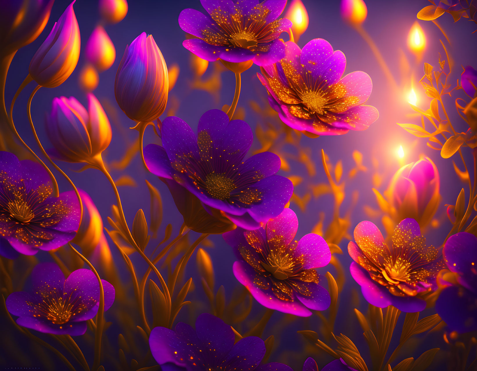 Purple Flowers with Luminous Cores on Dark Blue Background