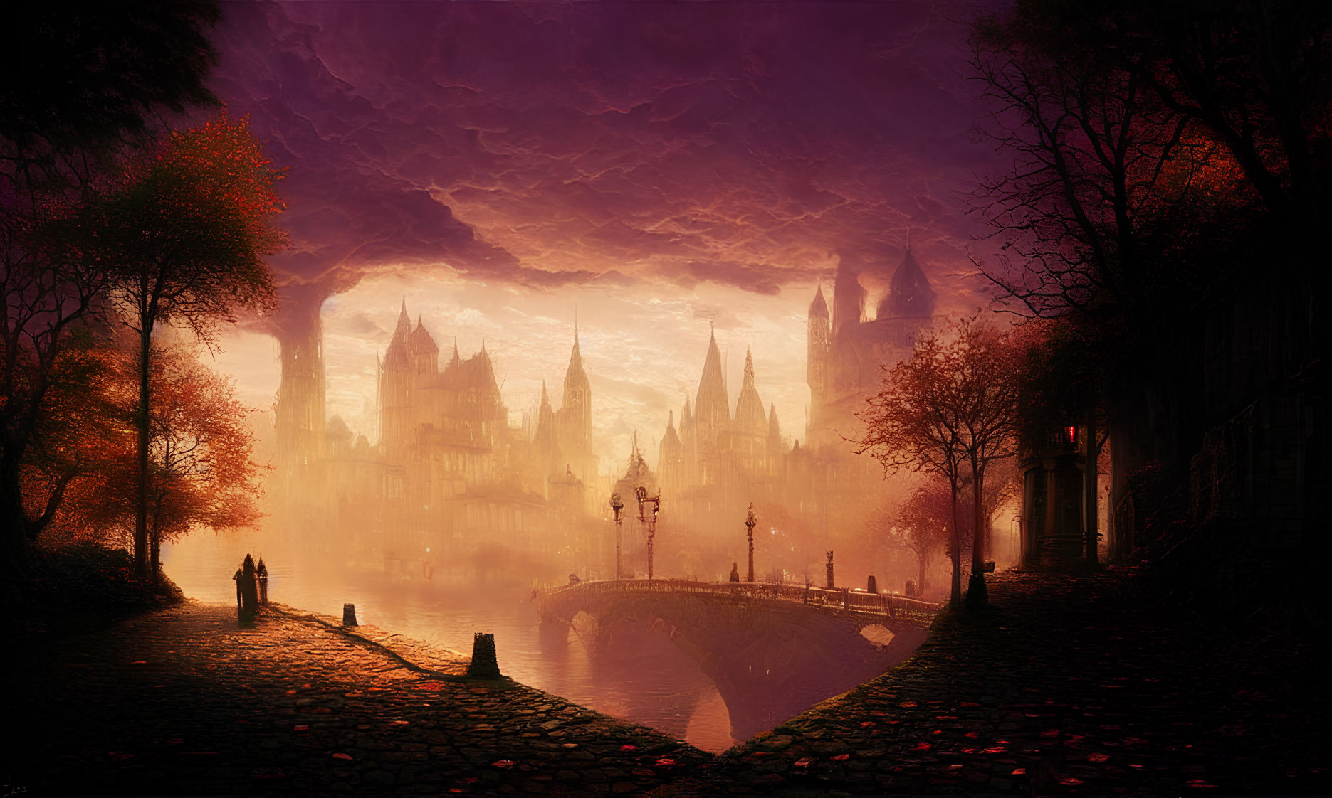 Mystical cityscape at dusk: silhouettes, cobblestone path, bridge, go