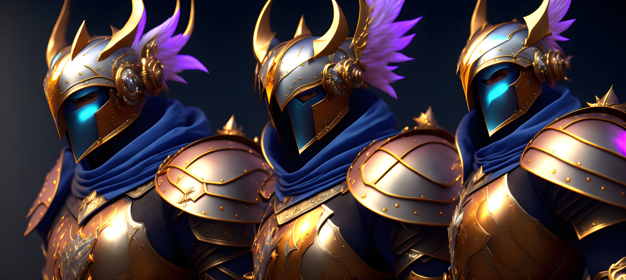 Three Golden Armored Knights with Glowing Blue Eyes in Feathered Helmets