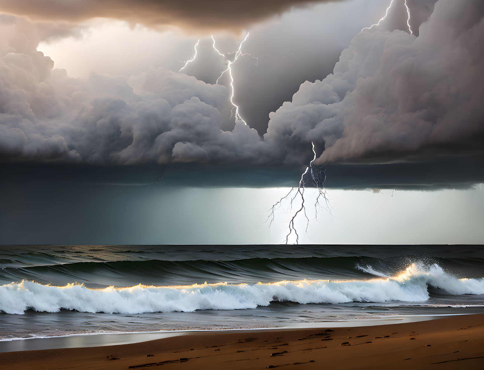 Stormy Seascape with Lightning Strikes and Tumultuous Waves