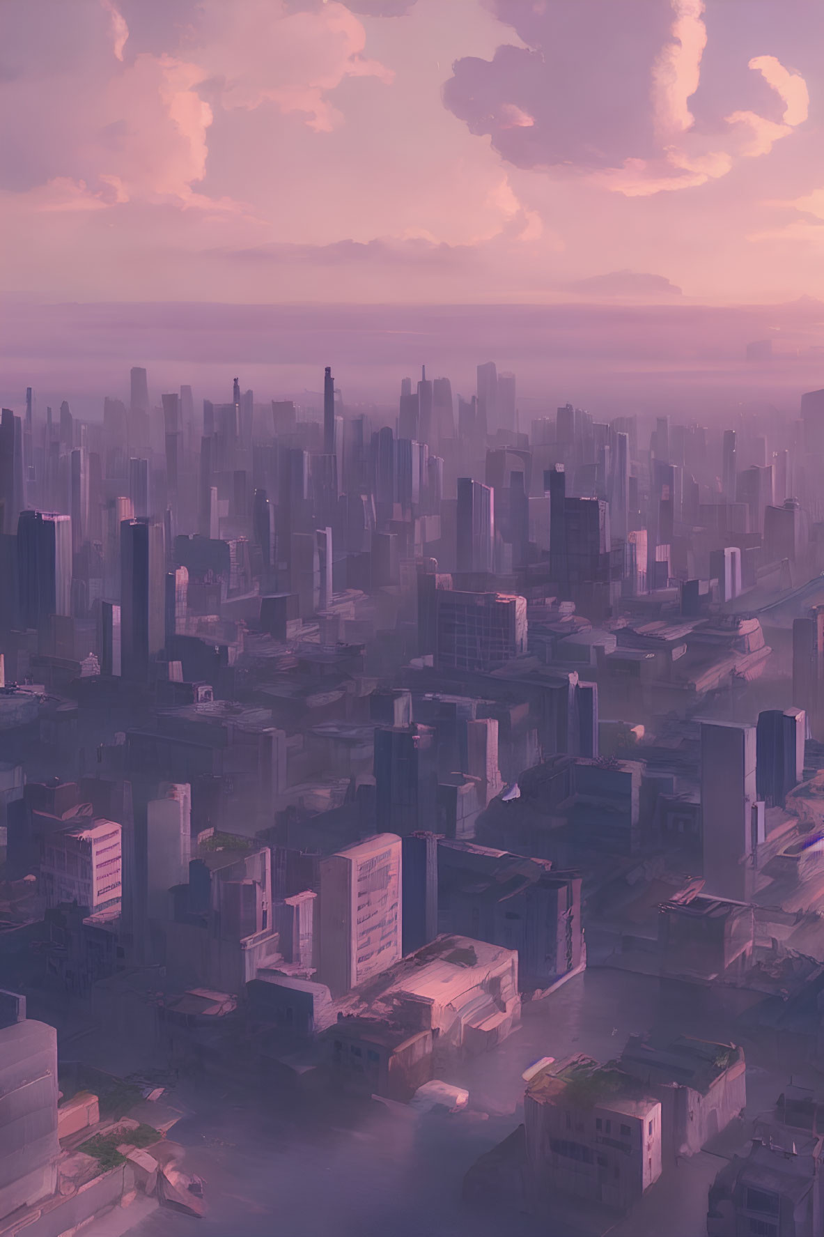 Futuristic cityscape with pink and purple hues and towering skyscrapers