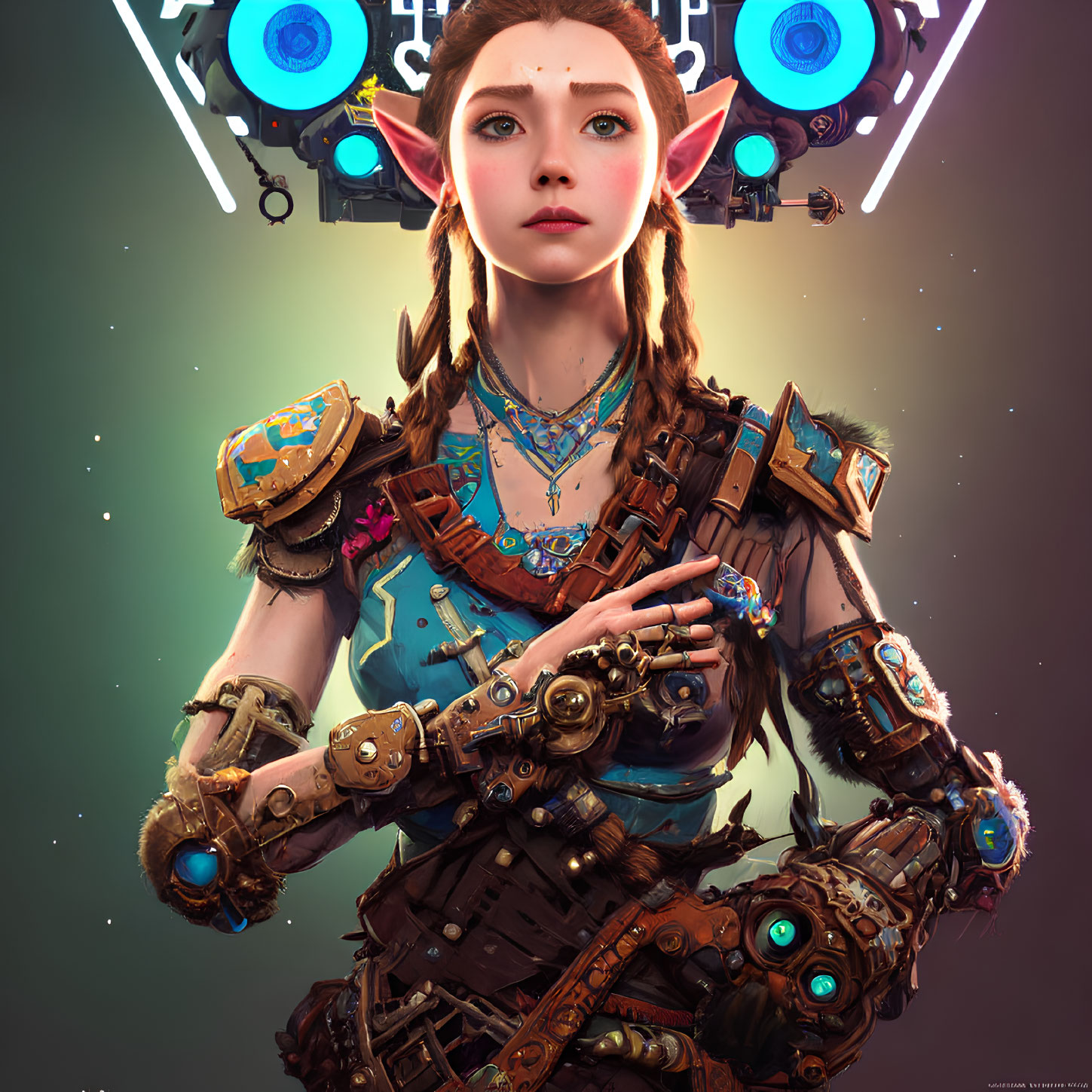 Female character in futuristic armor with elf-like ears in digital illustration