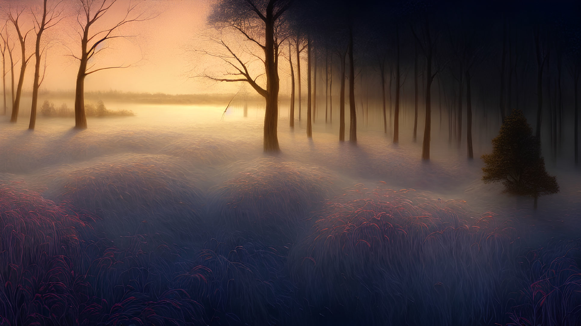 Serene forest at dusk with sunlight through mist illuminating trees and grasses