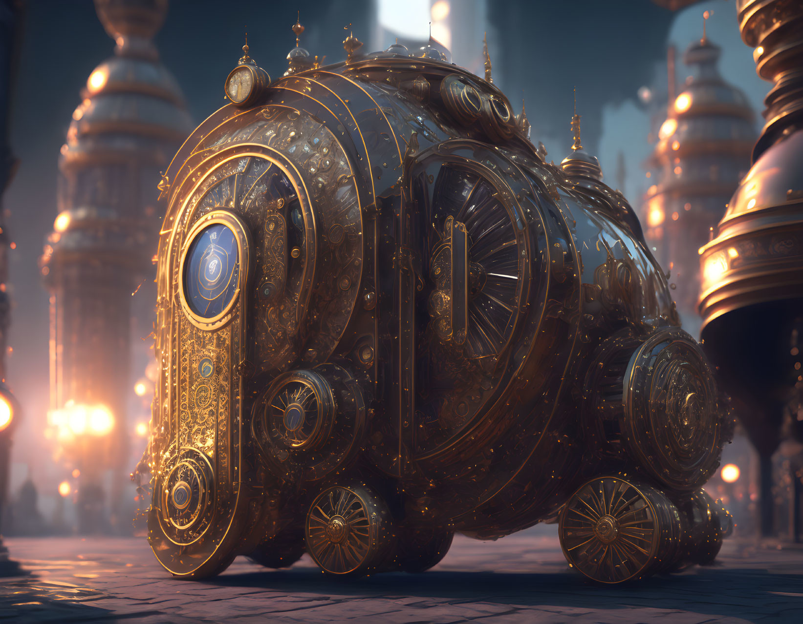 Steampunk-style round vehicle with brass detailing in urban setting