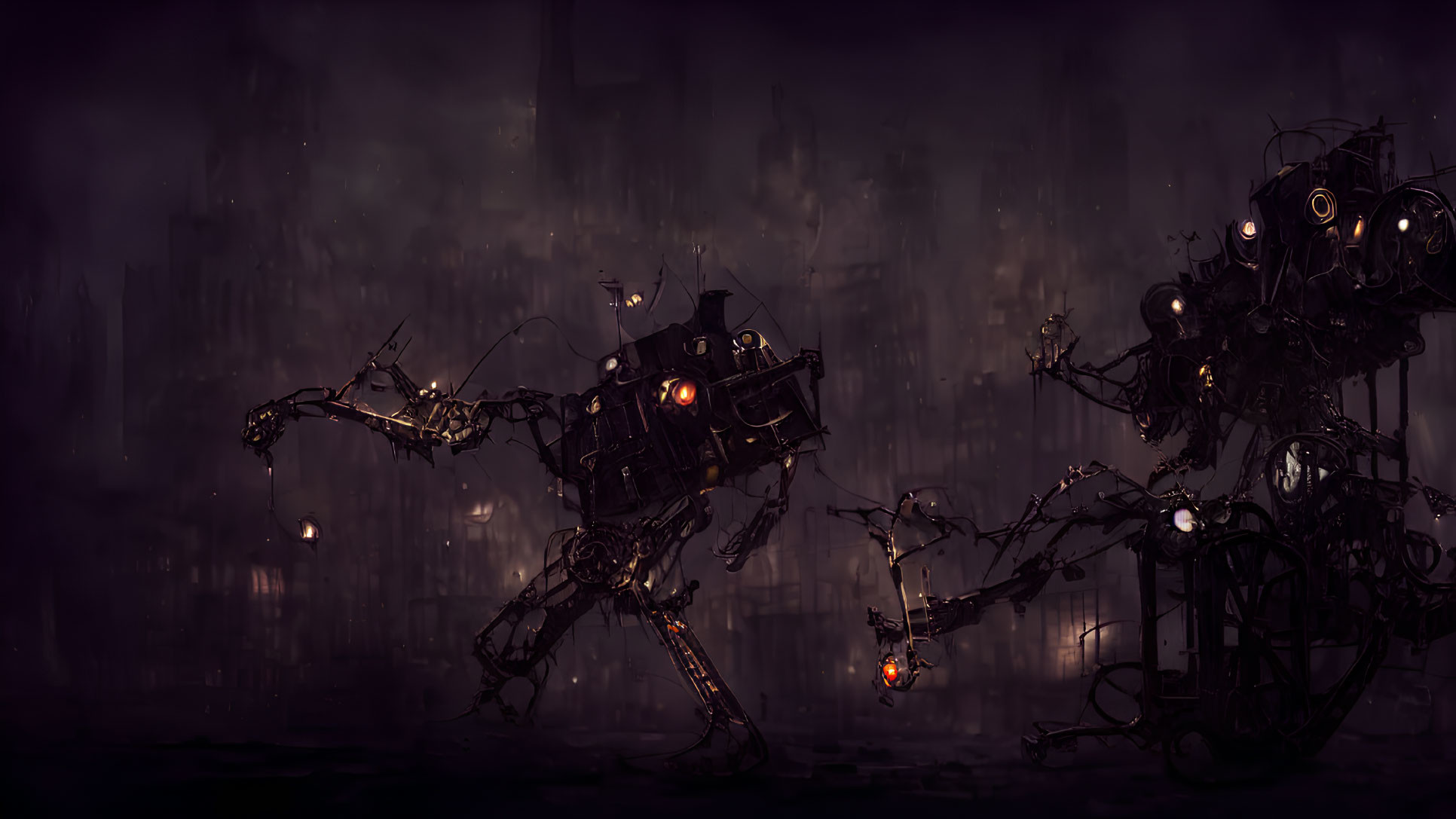 Dystopian artwork: spider-like robot in dark, industrial cityscape