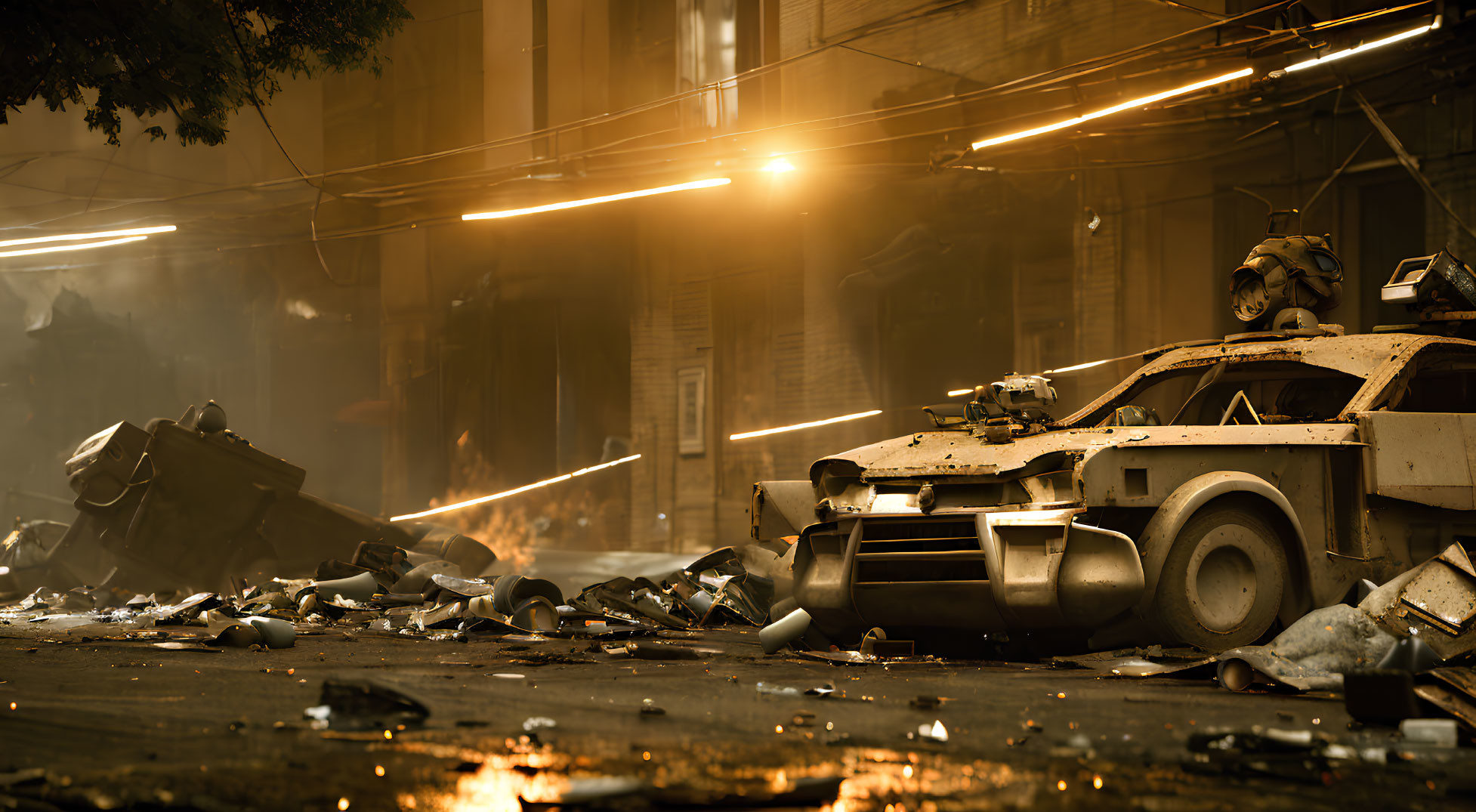 Destroyed city street with damaged vehicles and debris under dynamic light streaks