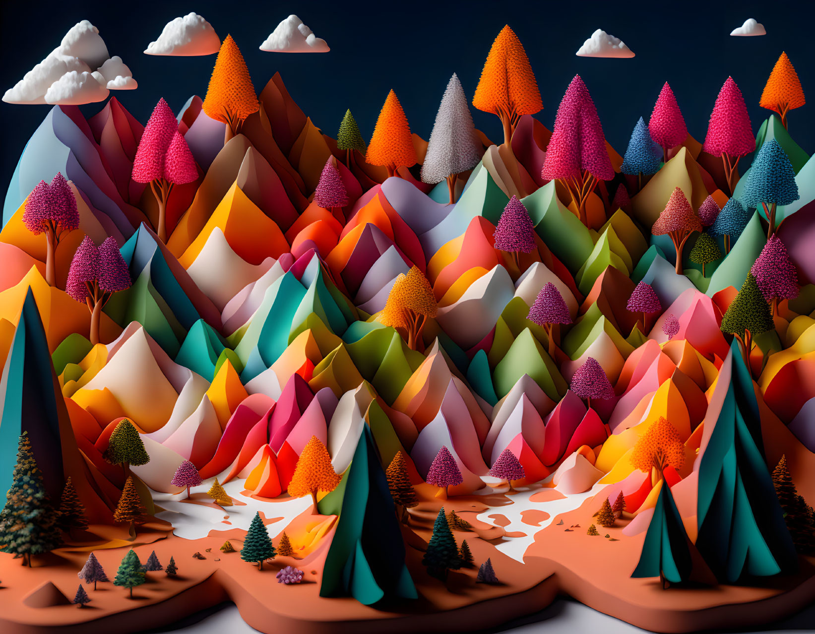 Vibrant geometric landscape with colorful mountains and trees under a blue sky