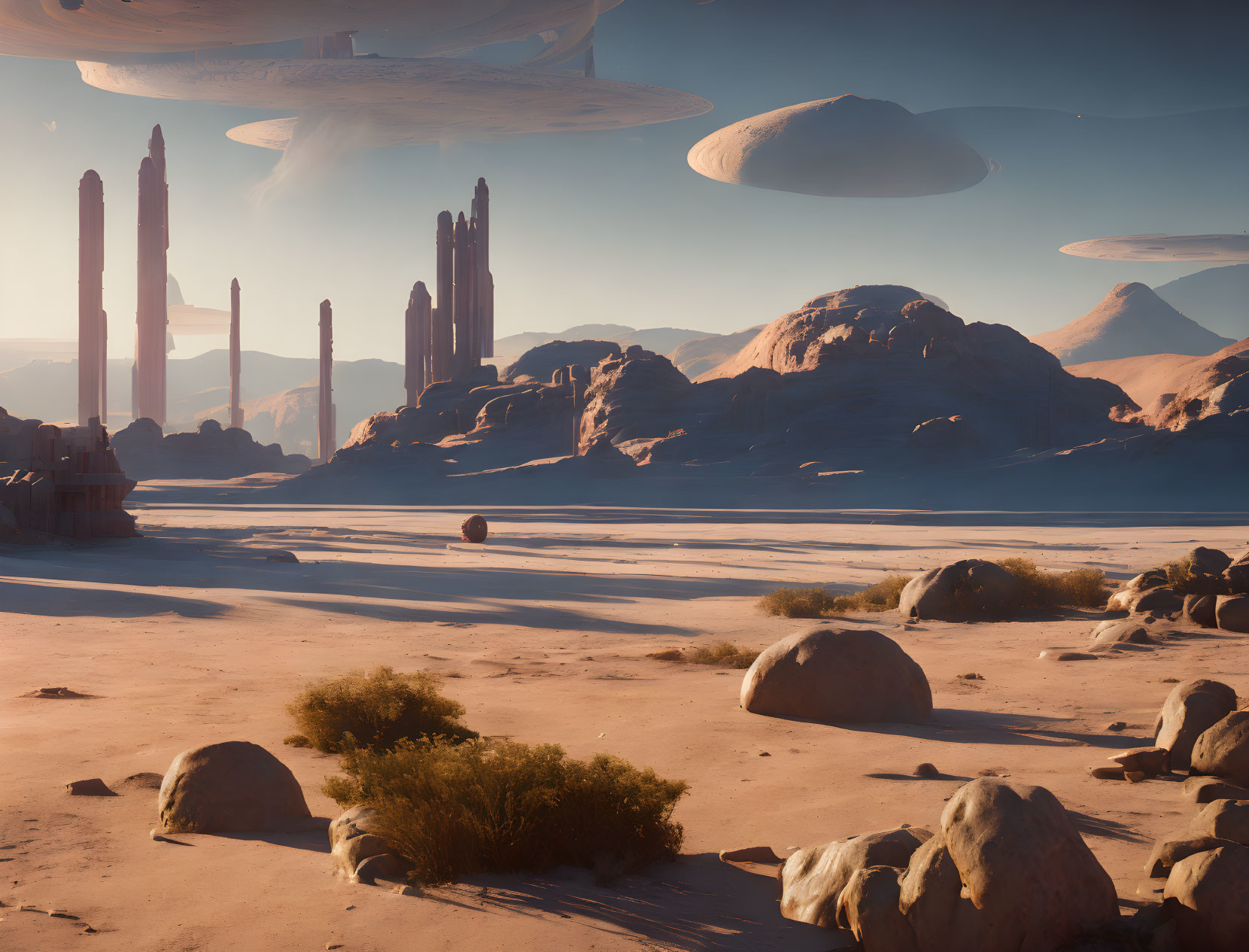 Desert landscape with towering rocks under clear sky and distant alien planet rings.