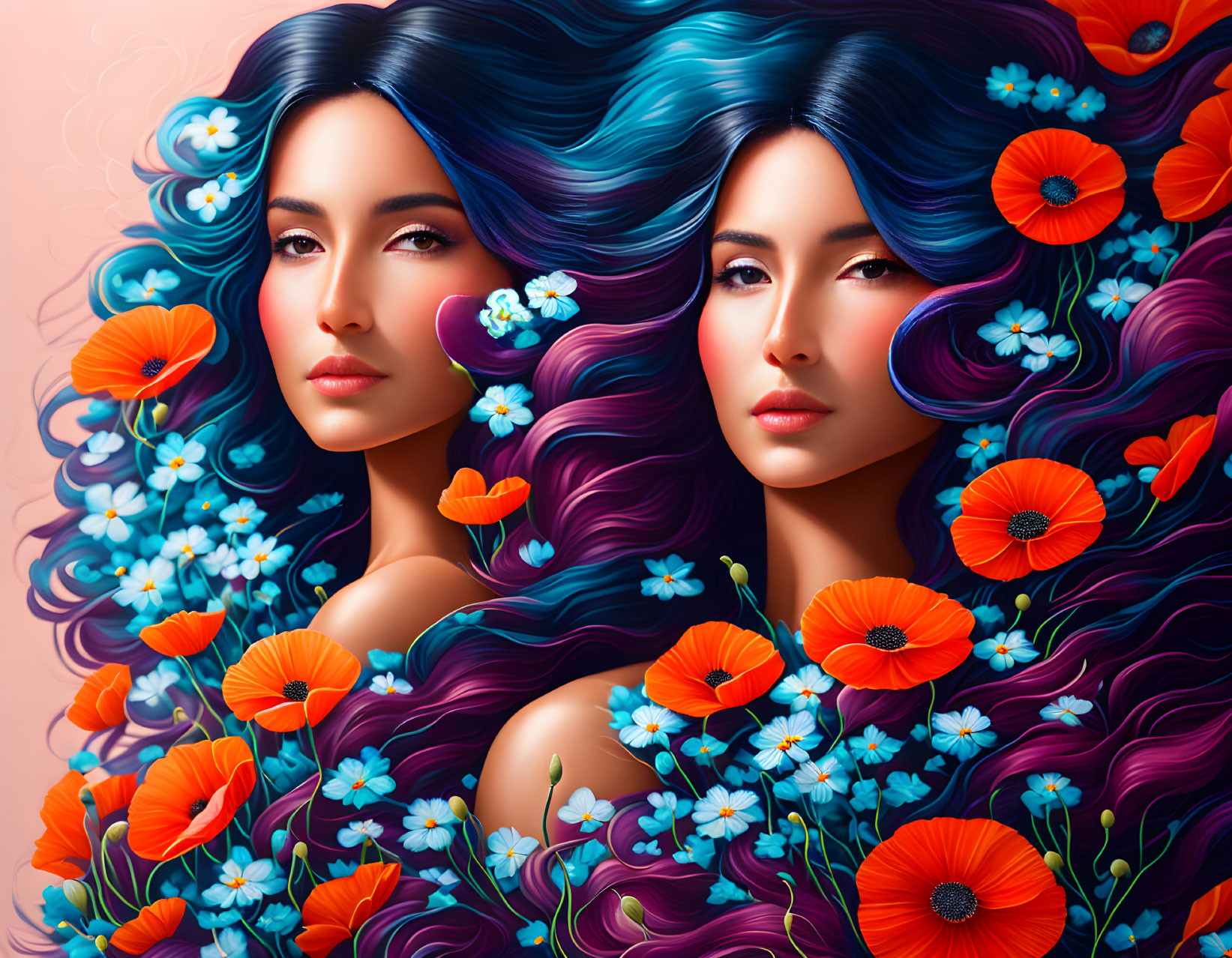 Symmetrical design of two women with flowing hair and vibrant flowers