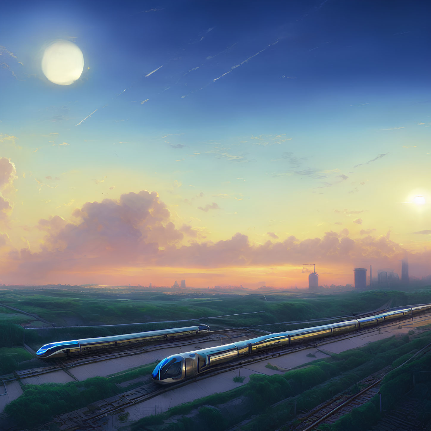 Futuristic trains on tracks under vibrant sunset with moon and meteors