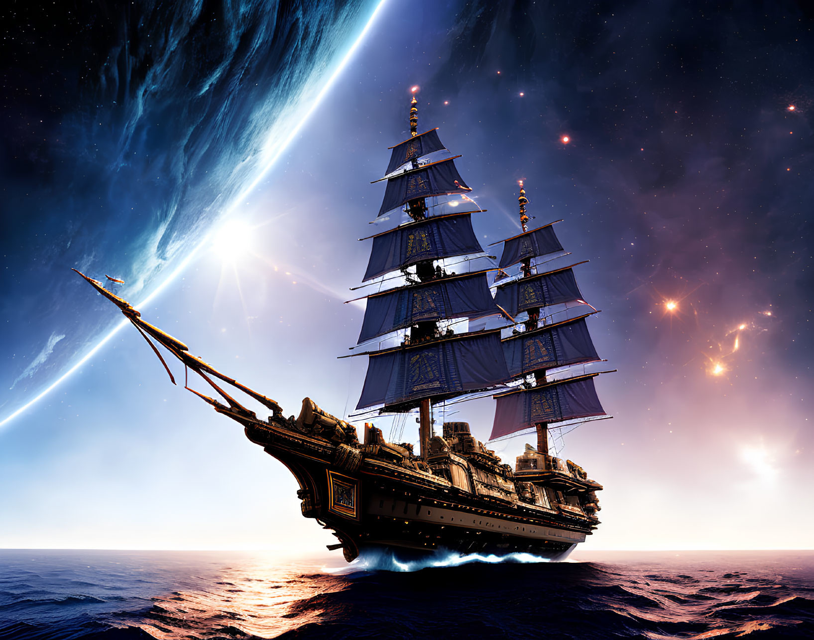 Majestic sailing ship in cosmic waters under starry sky