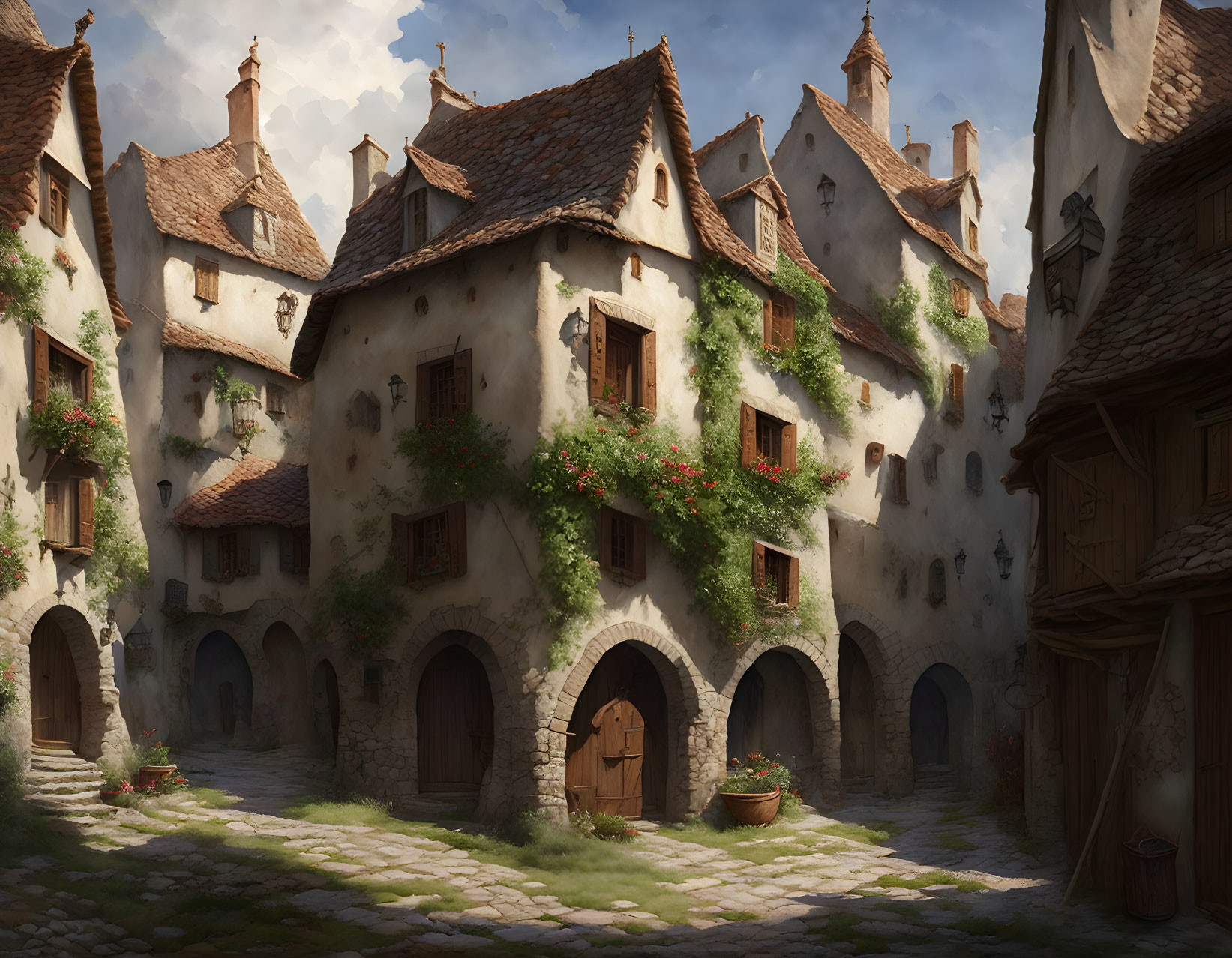 Tranquil cobblestone street with old-world houses and lush greenery