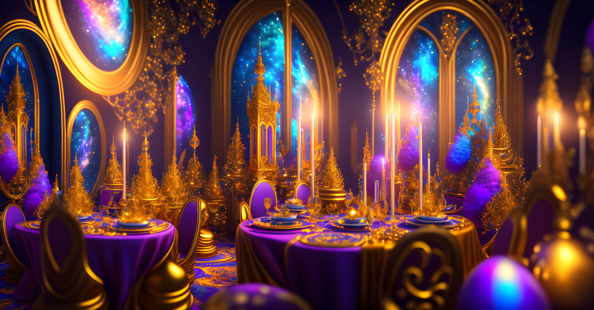 Golden Trees and Celestial Windows in a Radiant Banquet Hall